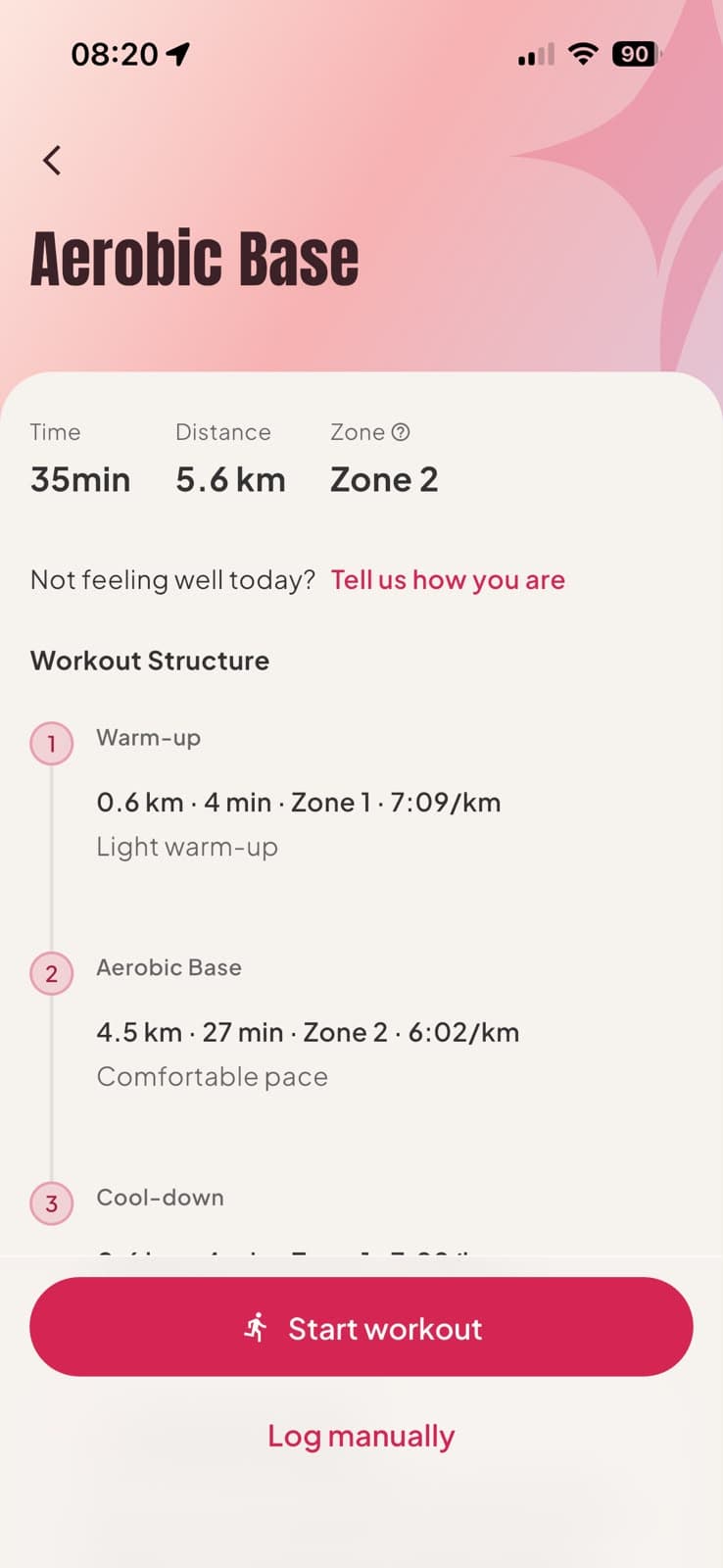 Detalhe do treino do dia com a sequência de segmentos